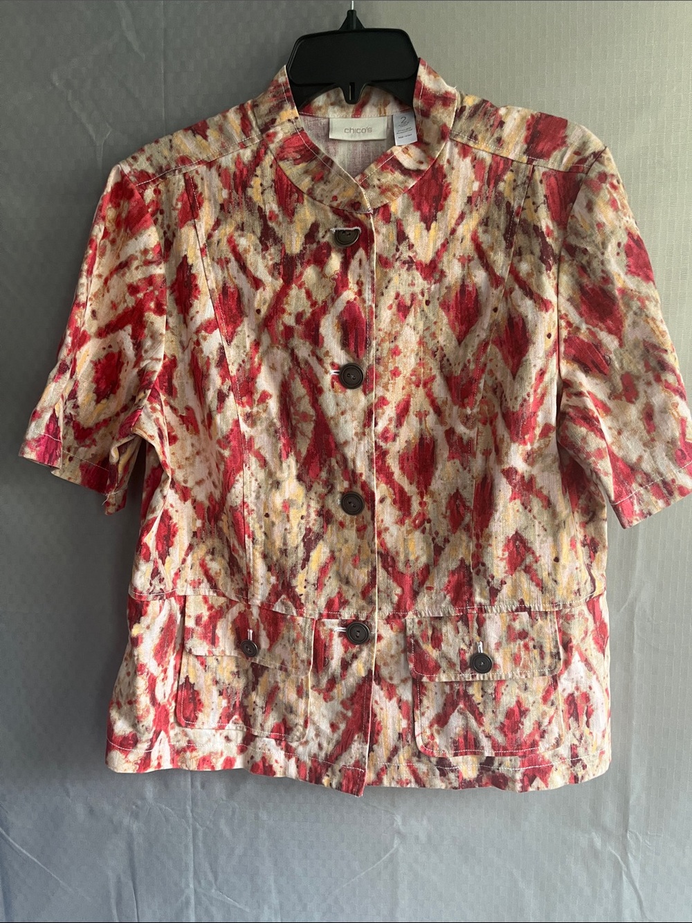 Chico's Red and Cream Short Sleeve Button Jacket
